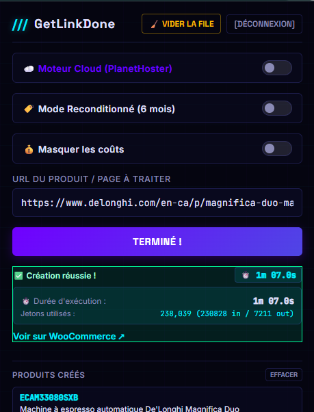 Rapport de création réussie de fiche produit