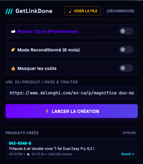Étape 2 : Popup de l'extension Chrome GetLinkDone